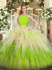 Best Floor Length Yellow Green Quinceanera Gown Organza Sleeveless Lace and Ruffles