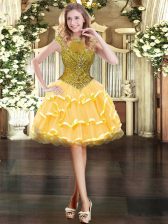 Elegant Gold Ball Gowns Beading and Ruffled Layers Dress for Prom Zipper Organza Cap Sleeves Mini Length