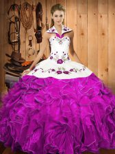 Charming Fuchsia Lace Up Vestidos de Quinceanera Embroidery and Ruffles Sleeveless Floor Length