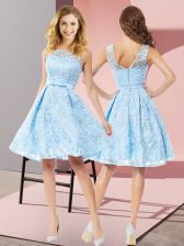  Aqua Blue Lace Zipper Quinceanera Dama Dress Sleeveless Knee Length Bowknot