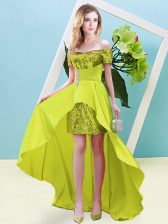  Elastic Woven Satin and Sequined Short Sleeves High Low Homecoming Dress and Beading
