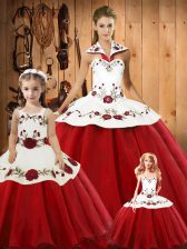 Artistic Wine Red Halter Top Lace Up Embroidery Ball Gown Prom Dress Sleeveless