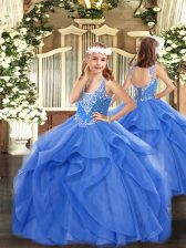 Simple Floor Length Blue Evening Gowns V-neck Sleeveless Lace Up