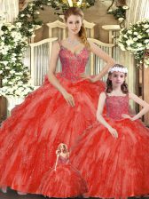 Glamorous Red Sleeveless Beading and Ruffles Floor Length Vestidos de Quinceanera