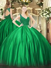 Attractive Satin V-neck Sleeveless Backless Beading and Lace Quinceanera Dresses in Dark Green