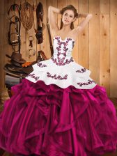 Custom Made Fuchsia Strapless Neckline Embroidery and Ruffles Quinceanera Dress Sleeveless Lace Up
