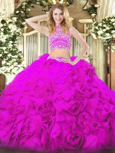  Fuchsia Two Pieces Beading and Ruffles 15 Quinceanera Dress Backless Tulle Sleeveless Floor Length