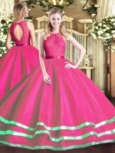 Adorable Scoop Sleeveless Zipper 15 Quinceanera Dress Hot Pink Tulle