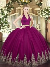  Fuchsia Tulle Zipper Quinceanera Gowns Sleeveless Floor Length Appliques