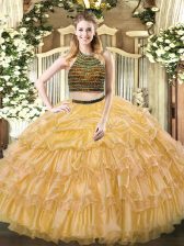 Sumptuous Floor Length Gold Vestidos de Quinceanera Organza Sleeveless Beading and Ruffled Layers