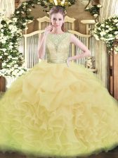  Yellow Green Sleeveless Floor Length Lace and Ruffles Backless Sweet 16 Dresses