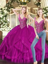 High Class Fuchsia Organza Lace Up V-neck Sleeveless Floor Length Vestidos de Quinceanera Beading and Ruffles