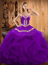 Sophisticated Purple Ball Gowns Embroidery and Ruffles Quinceanera Dress Lace Up Organza Sleeveless Floor Length