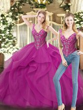 Extravagant Fuchsia Sleeveless Beading and Ruffles Floor Length Quince Ball Gowns