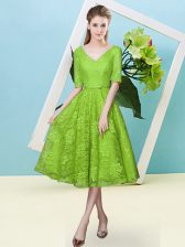 Vintage Lace Up V-neck Bowknot Damas Dress Lace Half Sleeves