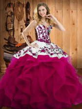 High Quality Fuchsia Lace Up Sweetheart Embroidery Sweet 16 Dresses Satin and Organza Sleeveless