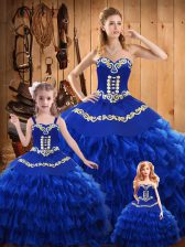 Artistic Floor Length Lace Up Vestidos de Quinceanera Blue for Military Ball and Sweet 16 and Quinceanera with Embroidery and Ruffled Layers