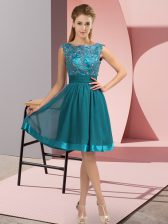 Stunning Teal Chiffon Backless Prom Dress Sleeveless Knee Length Appliques