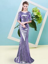 Extravagant Lavender Mermaid Sequined Scoop Half Sleeves Sequins Floor Length Zipper Prom Gown
