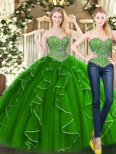 Stylish Green Ball Gowns Beading and Ruffles Quince Ball Gowns Lace Up Organza Sleeveless Floor Length