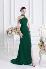  Dark Green Halter Top Lace Up Beading Sweep Train Sleeveless
