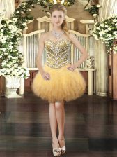 Enchanting Gold Ball Gowns Beading and Ruffles Homecoming Dress Lace Up Tulle Sleeveless Mini Length