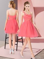  Coral Red Empire Beading and Hand Made Flower Prom Party Dress Zipper Organza Sleeveless Mini Length