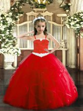 Latest Red Ball Gowns Straps Sleeveless Tulle Floor Length Lace Up Appliques and Ruffles Child Pageant Dress