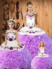  Halter Top Sleeveless Vestidos de Quinceanera Floor Length Embroidery Lilac Satin and Fabric With Rolling Flowers