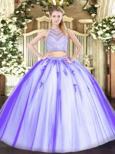 Custom Design Lavender Zipper Scoop Beading Quince Ball Gowns Tulle Sleeveless
