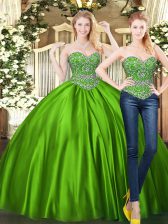  Floor Length Lace Up 15 Quinceanera Dress Green for Military Ball and Sweet 16 and Quinceanera with Beading