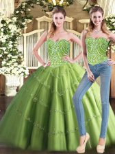 Shining Olive Green Tulle Lace Up 15th Birthday Dress Sleeveless Floor Length Beading