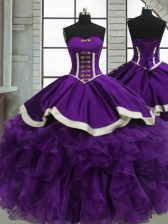  Sweetheart Sleeveless Satin and Organza Quinceanera Dress Beading and Ruffles Lace Up