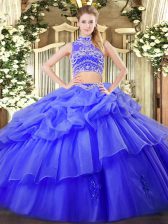  Blue Sleeveless Beading and Ruffles and Pick Ups Floor Length Quinceanera Dress