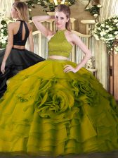  Beading and Ruffles Quinceanera Dress Olive Green Backless Sleeveless Floor Length