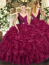 Custom Made Burgundy Organza Backless Quinceanera Dresses Sleeveless Floor Length Beading and Ruffles