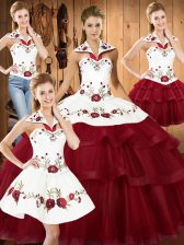  Wine Red Sleeveless With Train Embroidery and Ruffled Layers Lace Up Sweet 16 Quinceanera Dress