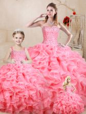 Watermelon Red Organza Lace Up Sweet 16 Dress Sleeveless Floor Length Beading and Ruffles