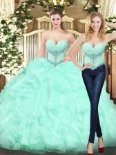  Apple Green Ball Gowns Beading and Ruffles Vestidos de Quinceanera Lace Up Organza Sleeveless Floor Length