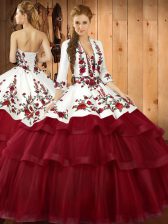 Low Price Wine Red Sleeveless Organza Sweep Train Lace Up Ball Gown Prom Dress for Military Ball and Sweet 16 and Quinceanera