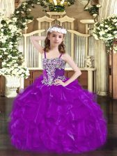 Straps Sleeveless Organza Little Girl Pageant Dress Beading and Ruffles Lace Up