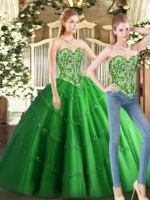  Floor Length Green Sweet 16 Dresses Tulle Sleeveless Beading