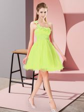Perfect Yellow Green Empire Asymmetric Sleeveless Organza Mini Length Zipper Beading and Hand Made Flower Prom Dress
