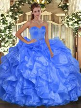  Floor Length Lace Up Quinceanera Gowns Blue for Military Ball and Sweet 16 and Quinceanera with Beading and Ruffles