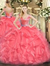 Shining Tulle V-neck Sleeveless Zipper Beading and Ruffles Sweet 16 Quinceanera Dress in Coral Red