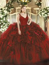 Elegant Sleeveless Organza Floor Length Zipper Sweet 16 Dresses in Wine Red with Beading and Ruffles