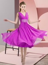 Dramatic Fuchsia V-neck Side Zipper Beading Dama Dress Sleeveless