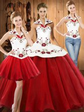 Fabulous Floor Length Wine Red Quinceanera Gown Halter Top Sleeveless Lace Up