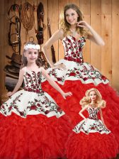  White And Red Sweet 16 Dress Military Ball and Sweet 16 and Quinceanera with Embroidery and Ruffles Sweetheart Sleeveless Lace Up