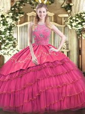  Hot Pink Ball Gowns Halter Top Sleeveless Satin and Tulle Floor Length Zipper Beading and Embroidery and Ruffled Layers 15 Quinceanera Dress